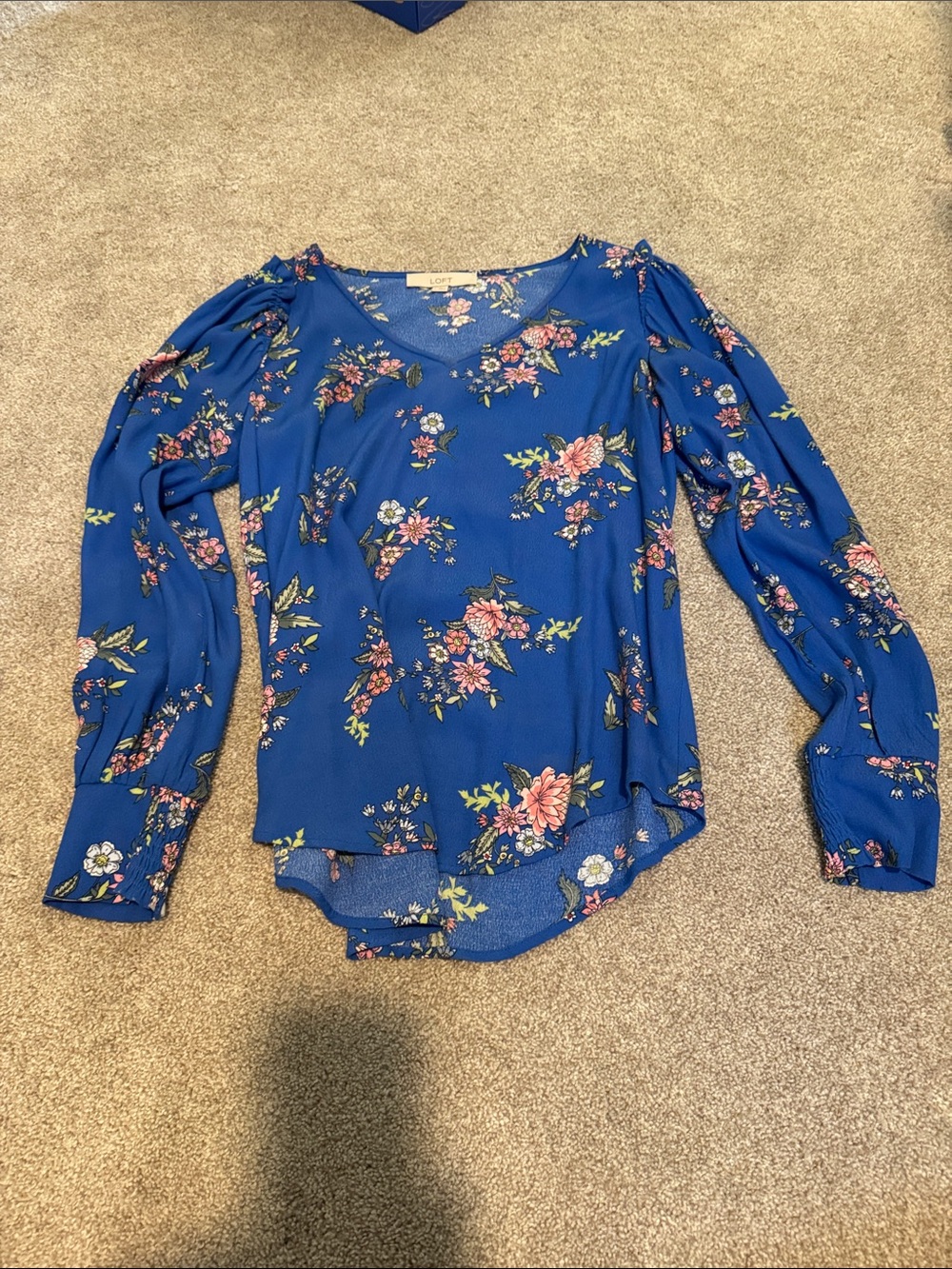 LOFT Blue Floral V-Neck Long Sleeve Blouse